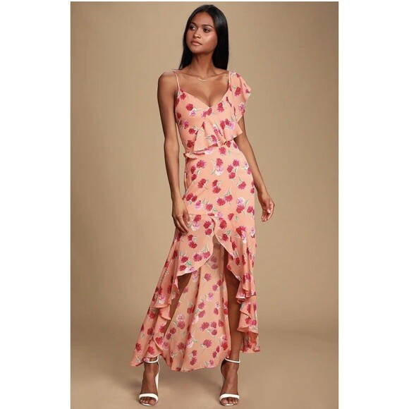 Lulus Bloom Forever Coral Orange Floral Dress Size XS Asymmetrical Fairycore - Picture 1 of 12